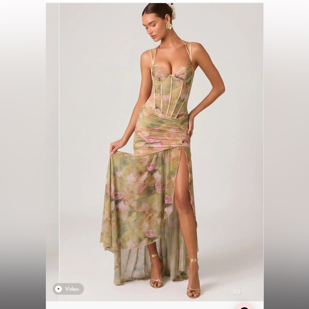 Oh Polly Pink and Green Floral Bustier Dress